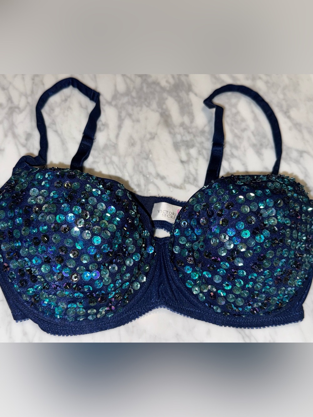 Rare Victoria's Secret Vintage 90s Navy Blue Sequin Push-Up Bra - Picture 2 of 9